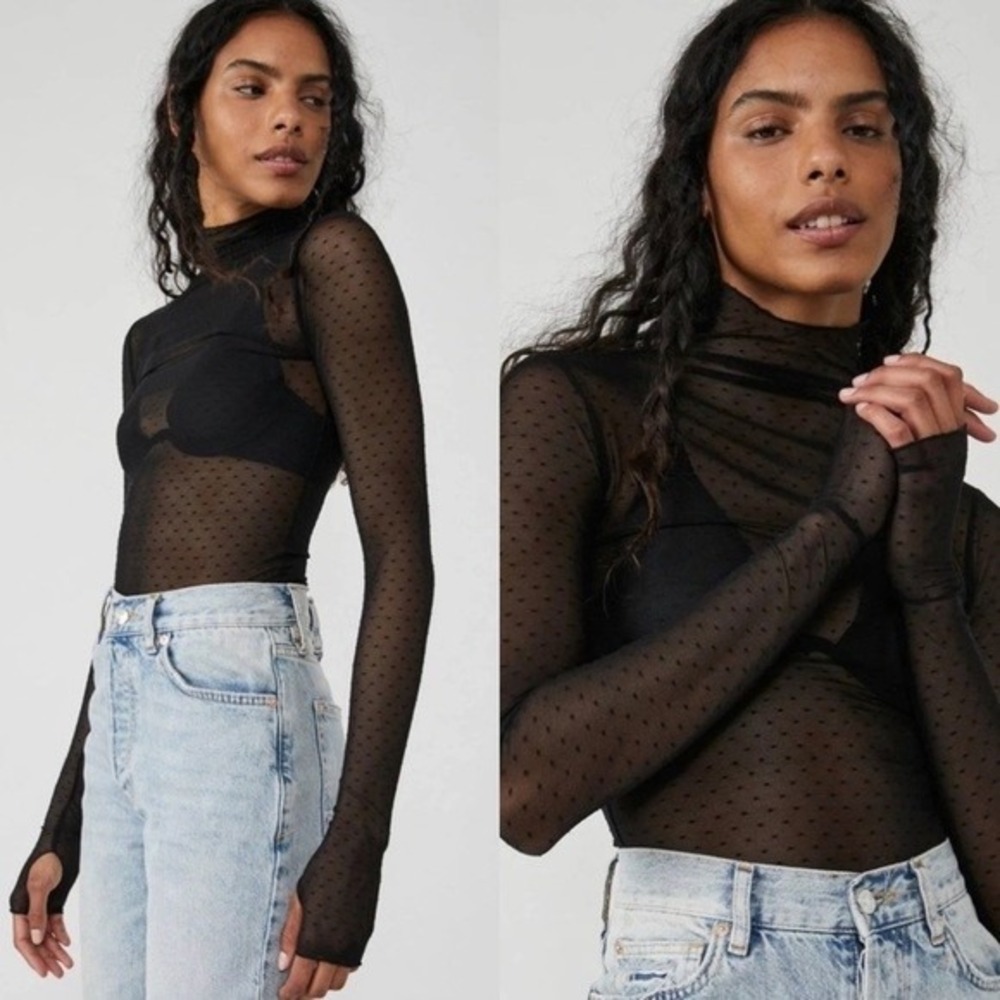 NWT Free People On The Dot‎ Layering Mesh Top Polka Dots Black XS